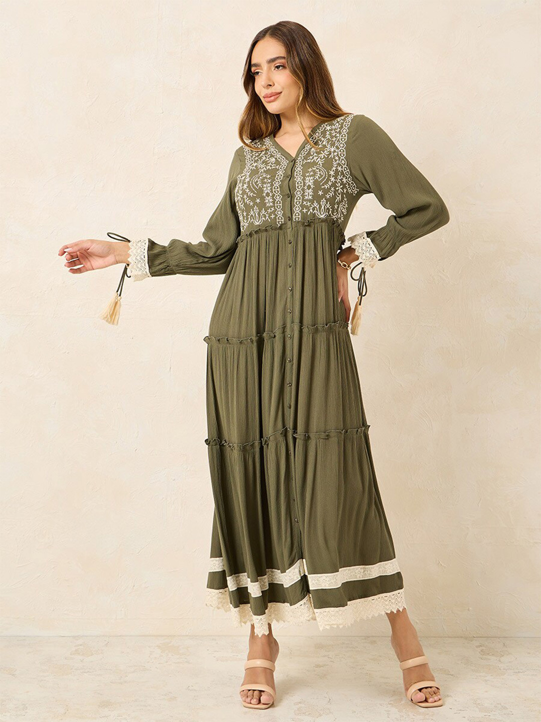 Styli Olive Green Embroidered Lace Ruffle Detail Textured Tiered Maxi Dress