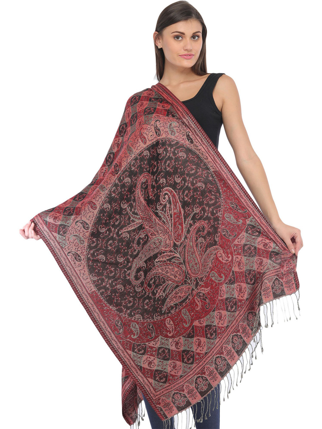 Exotic India Black And Maroon Paisleys-Flowers Woven Reversible Super Silk Jamawar Stole