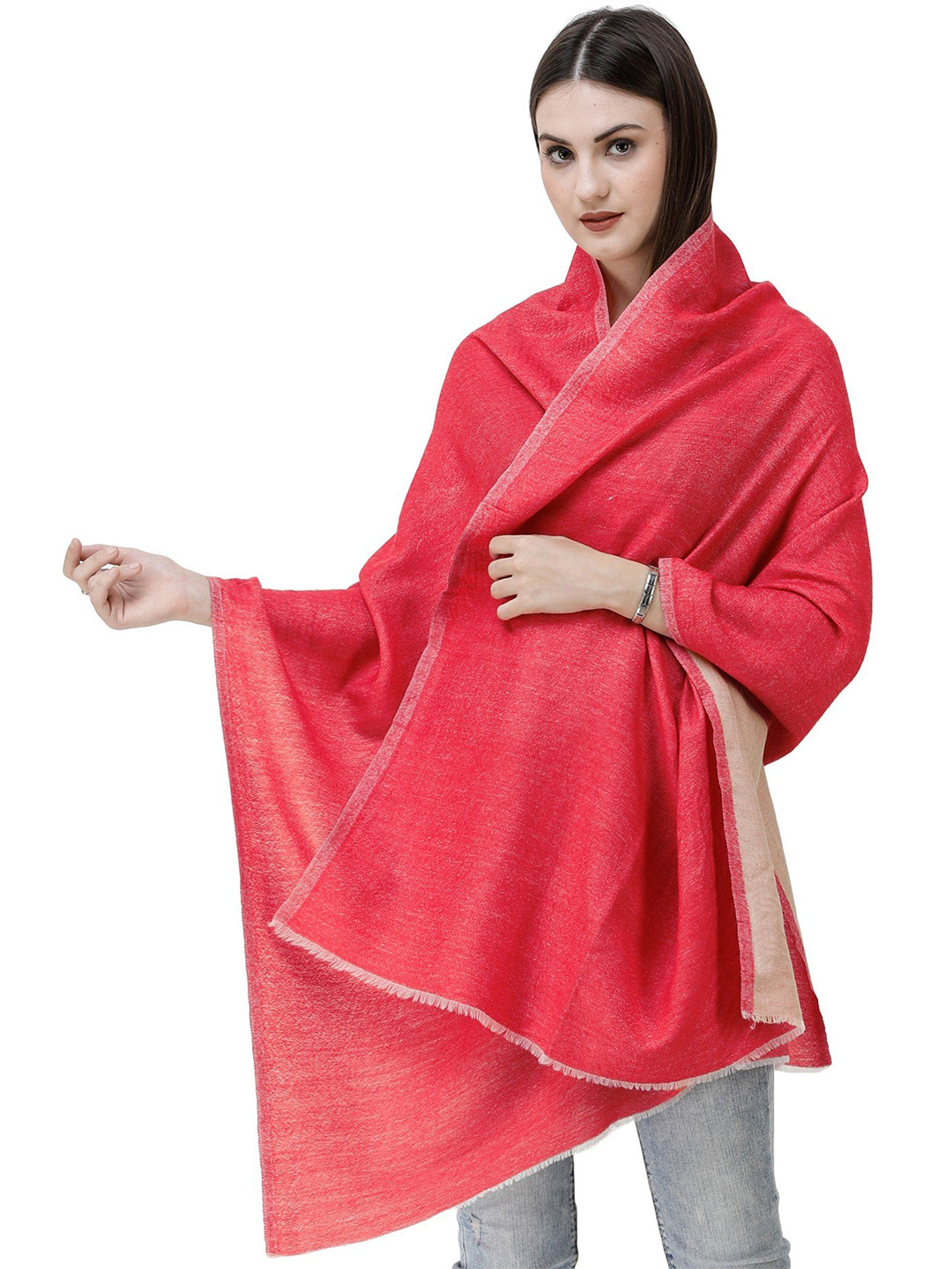 Exotic India True Red Reversible Semi-Cashmere Plain Stole