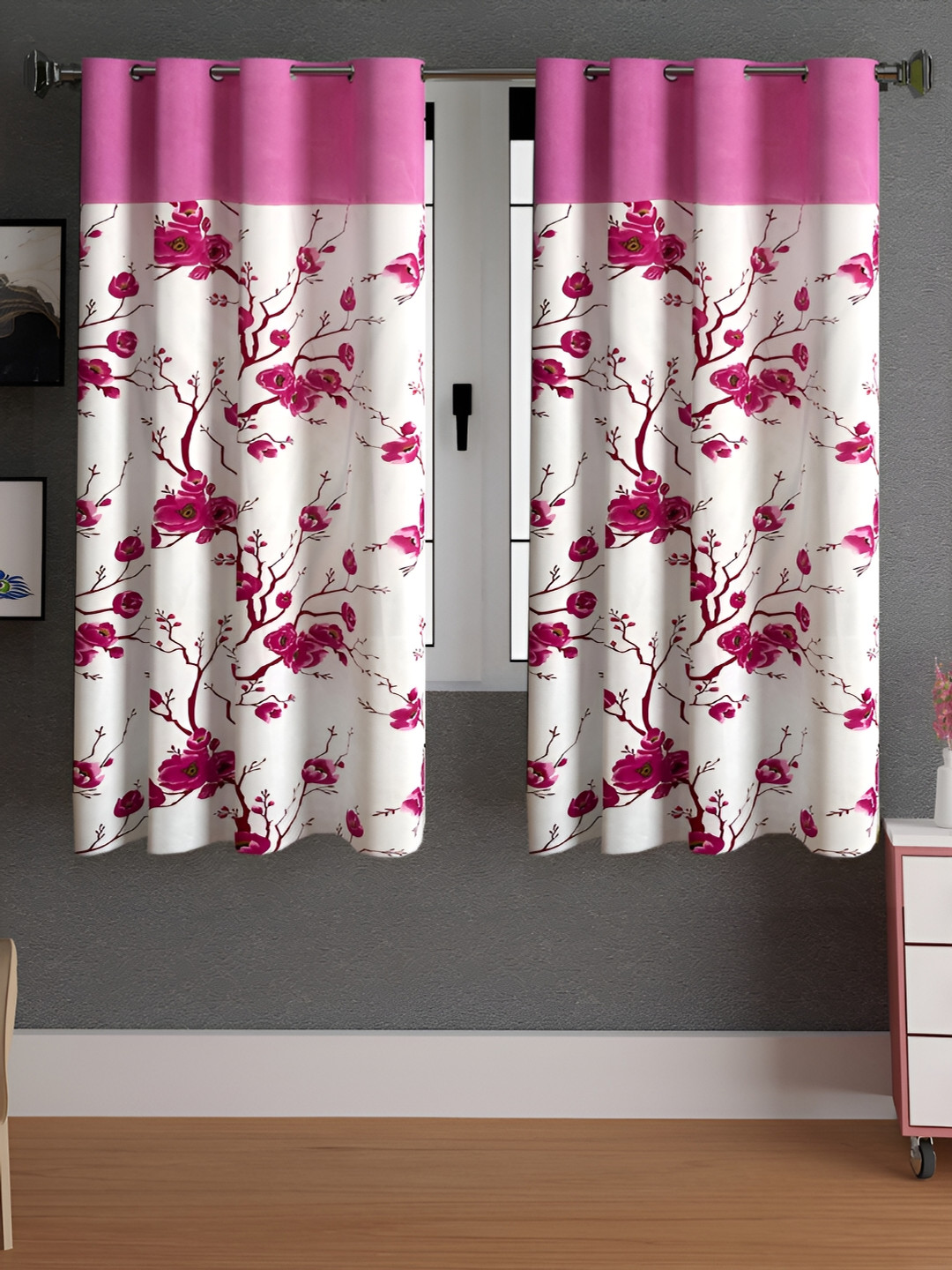 Lunar Days Pink & White 2 Pcs Floral Room Darkening Window Curtain