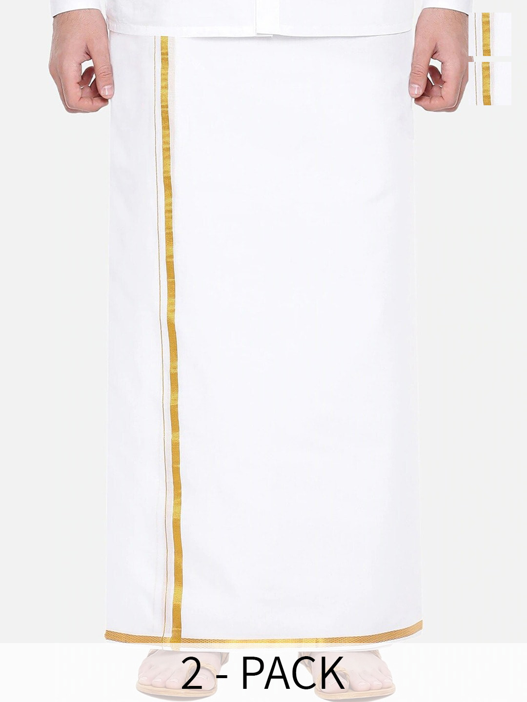 Ramraj Pack of 2 Pure Cotton Single Layer Golden Zari Border Dhotis