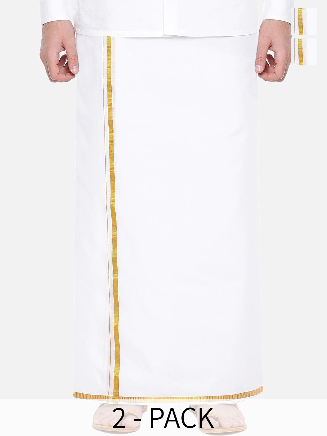 Ramraj Pack of 2 Pure Cotton Single Layer Golden Zari Border Dhotis