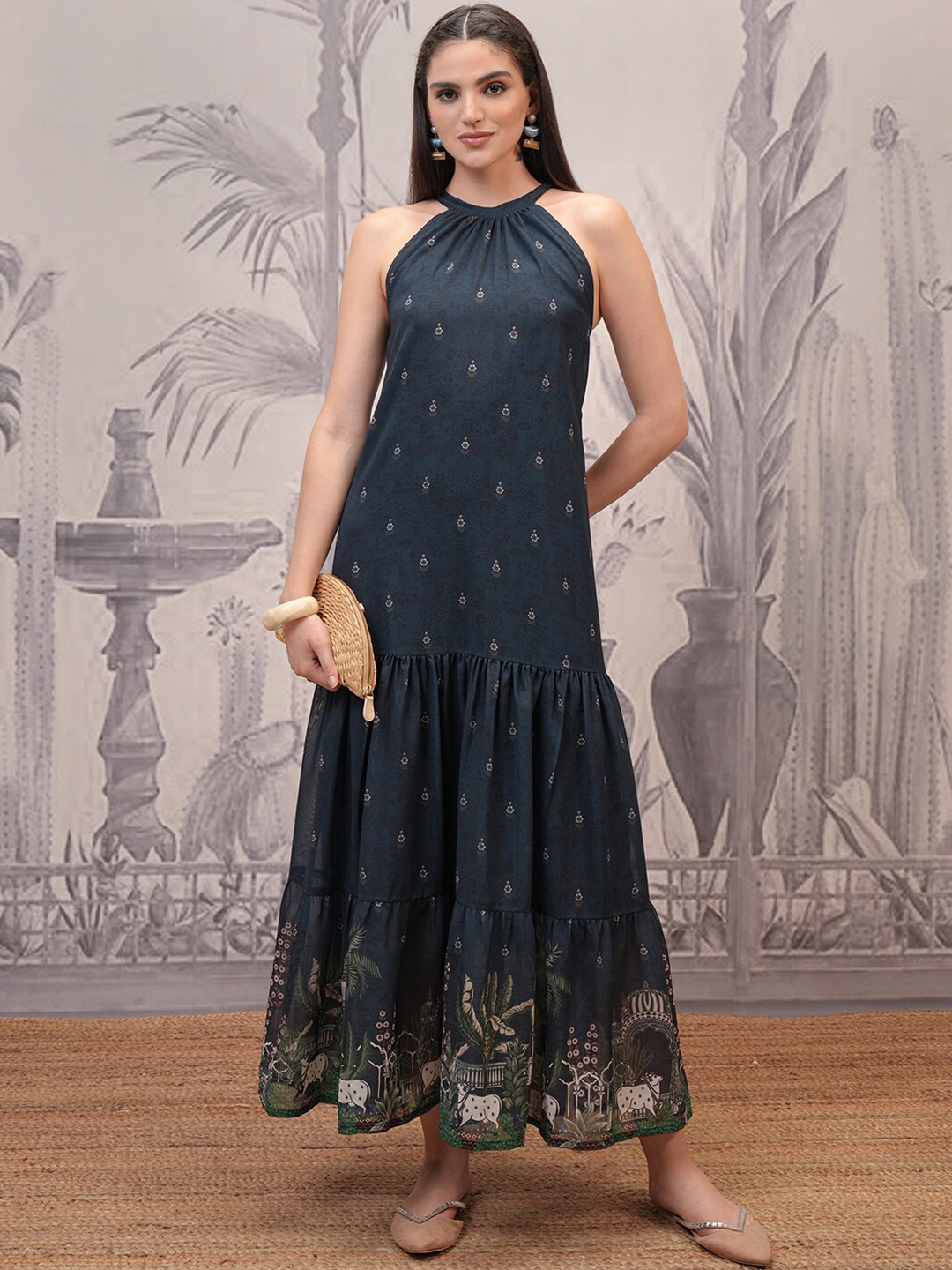 Vishudh navy blue printed maxi dress outlet