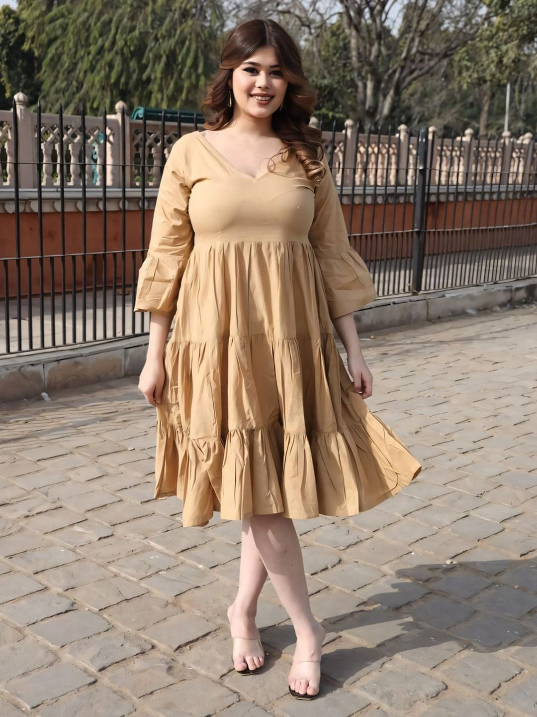 Swadeshi Shringaar Plus Size V-Neck Pure Cotton Tiered Fit and Flare Dress