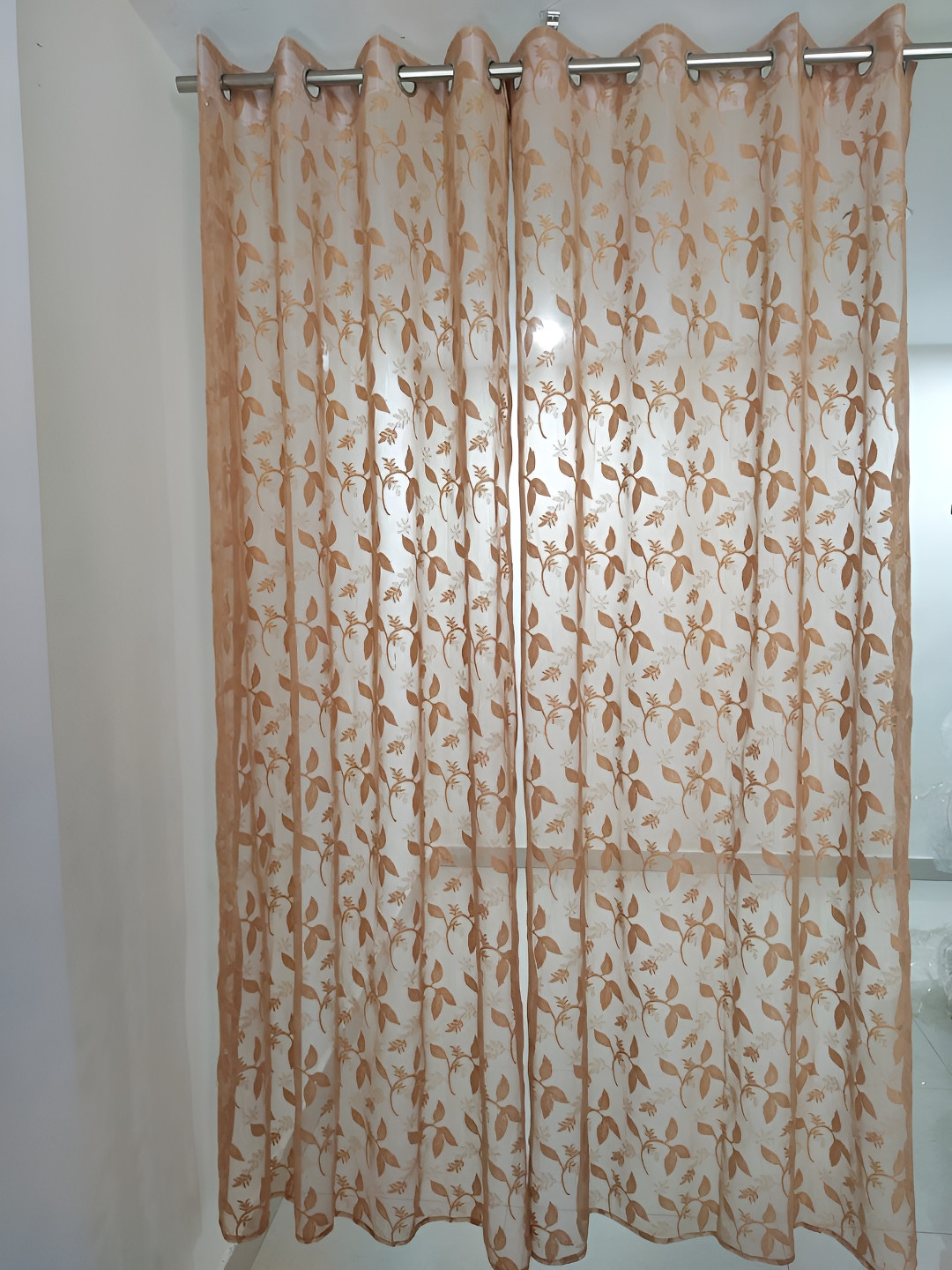 RIDHAAN Brown 2 Pieces Floral Sheer Tissue Net Sparkling Petal Door Curtains