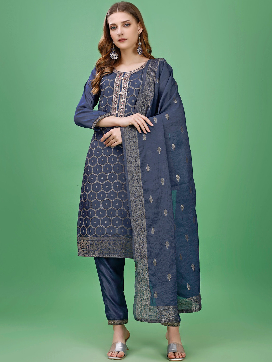STH Round Neck Ethnic Motifs Regular Chanderi Silk Straight Kurta Set