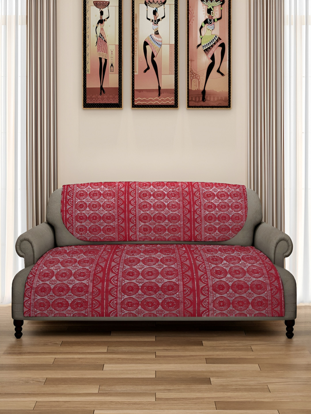 ROMEE Maroon 6 Pieces Floral Design 5-Seater Net Sofa Covers