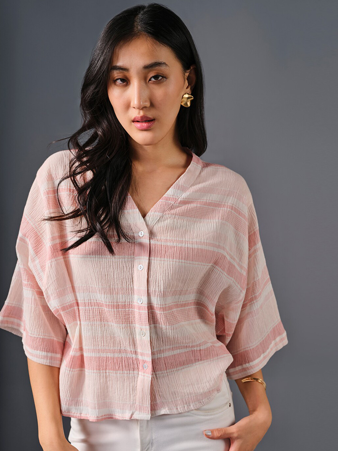 AND Verical Striped V-Neck Drop-Shoulder Sleeves Shirt Style Top