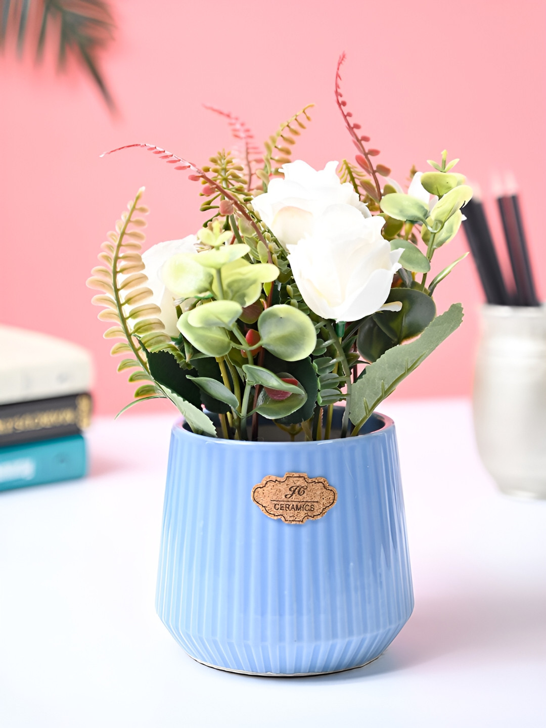 MARKET99 White & Blue Rose Artificial Flower With Pot
