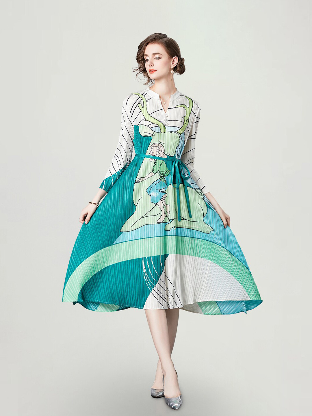 JC Collection Graphic Print Mandarin Collar Fit & Flare Midi Dress