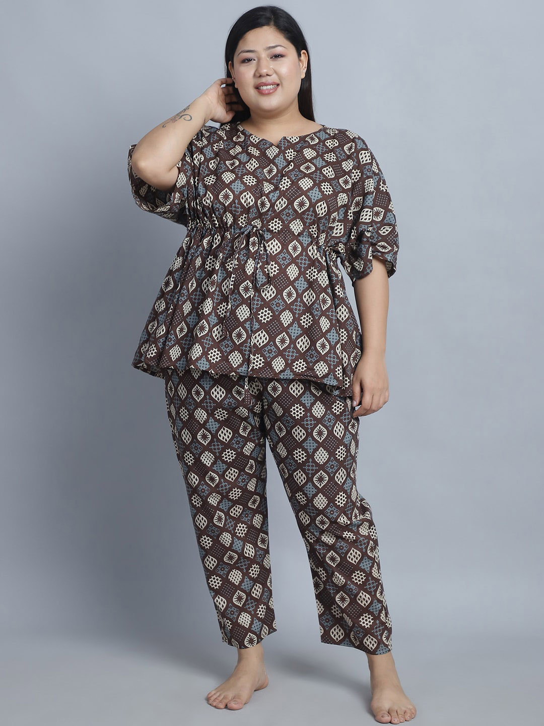 TAG 7 Plus Size Floral Printed Cotton Kaftan & Pant