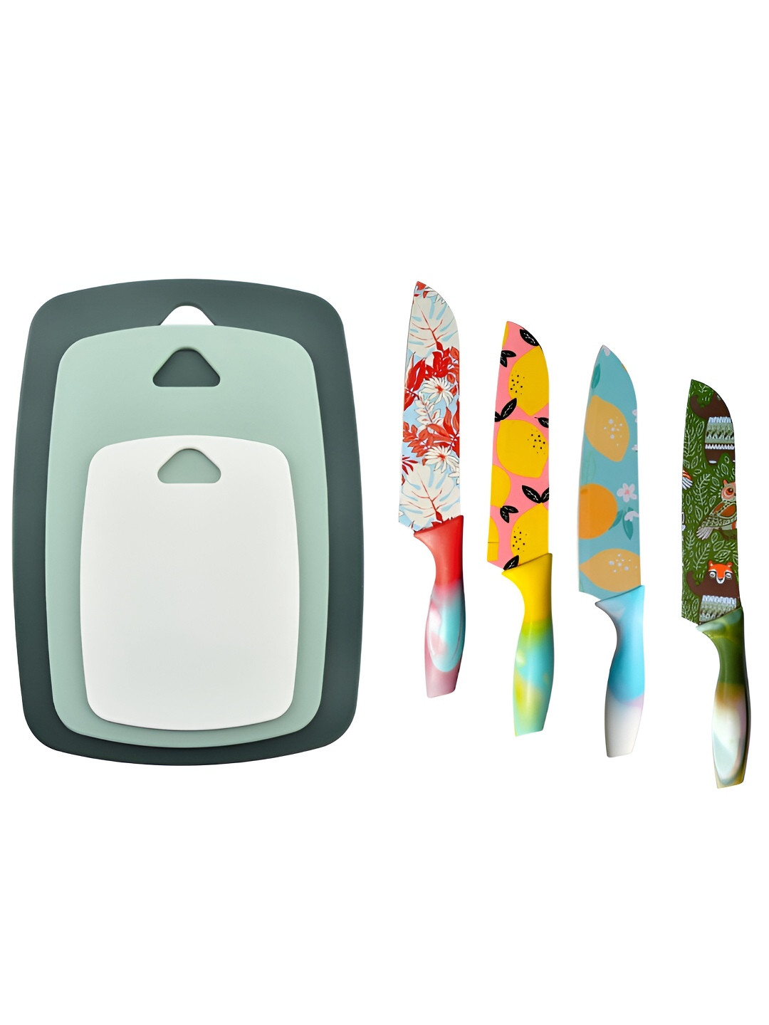 UniKart Yellow & Blue 7 Pcs Printed Chopping Boards with Knife