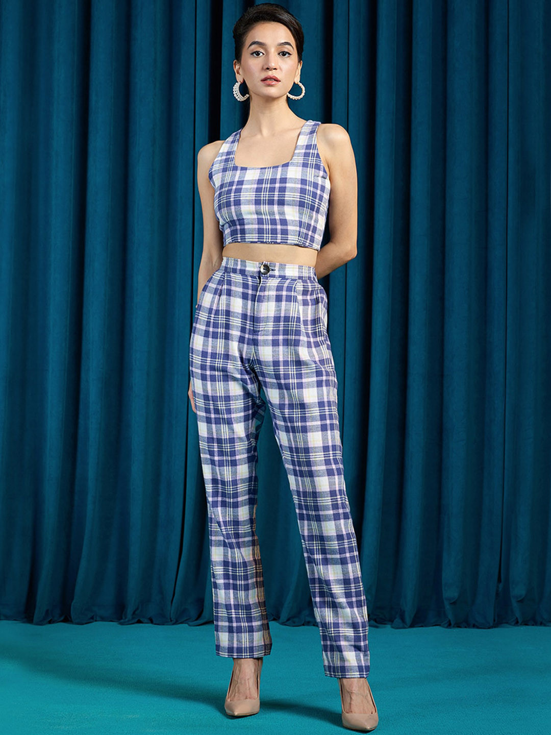 Virgio Pure Checked Sleeveless Cotton Top & Trousers