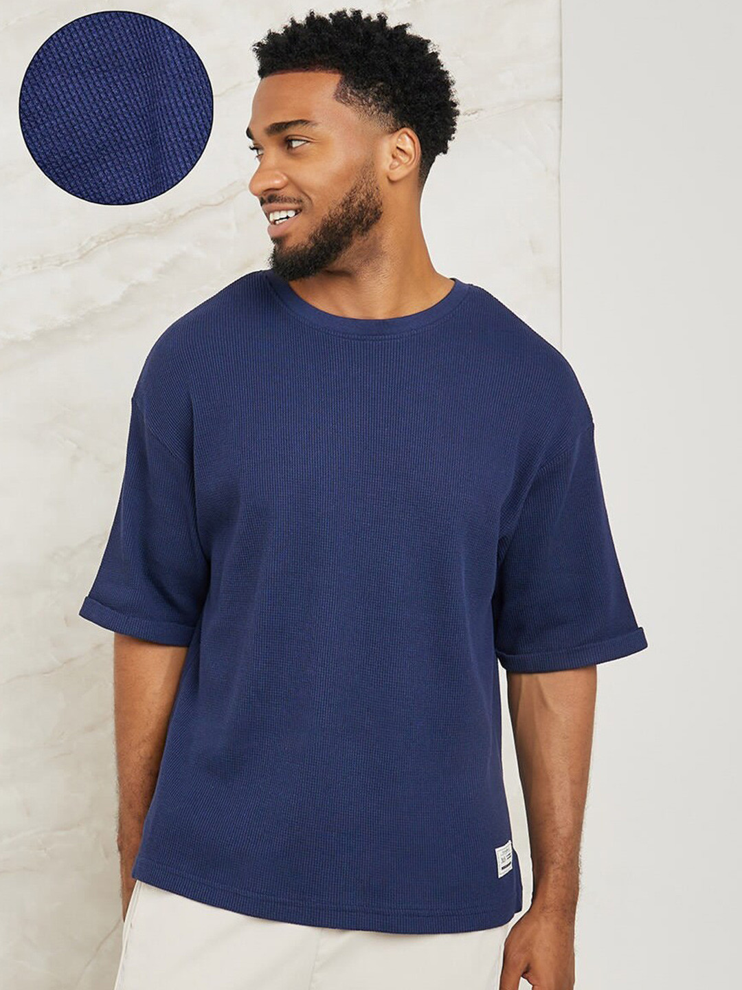 Styli Waffle Knit Drop-Shoulder Sleeves Cotton Oversized T-shirt with Turn Up Sleeves