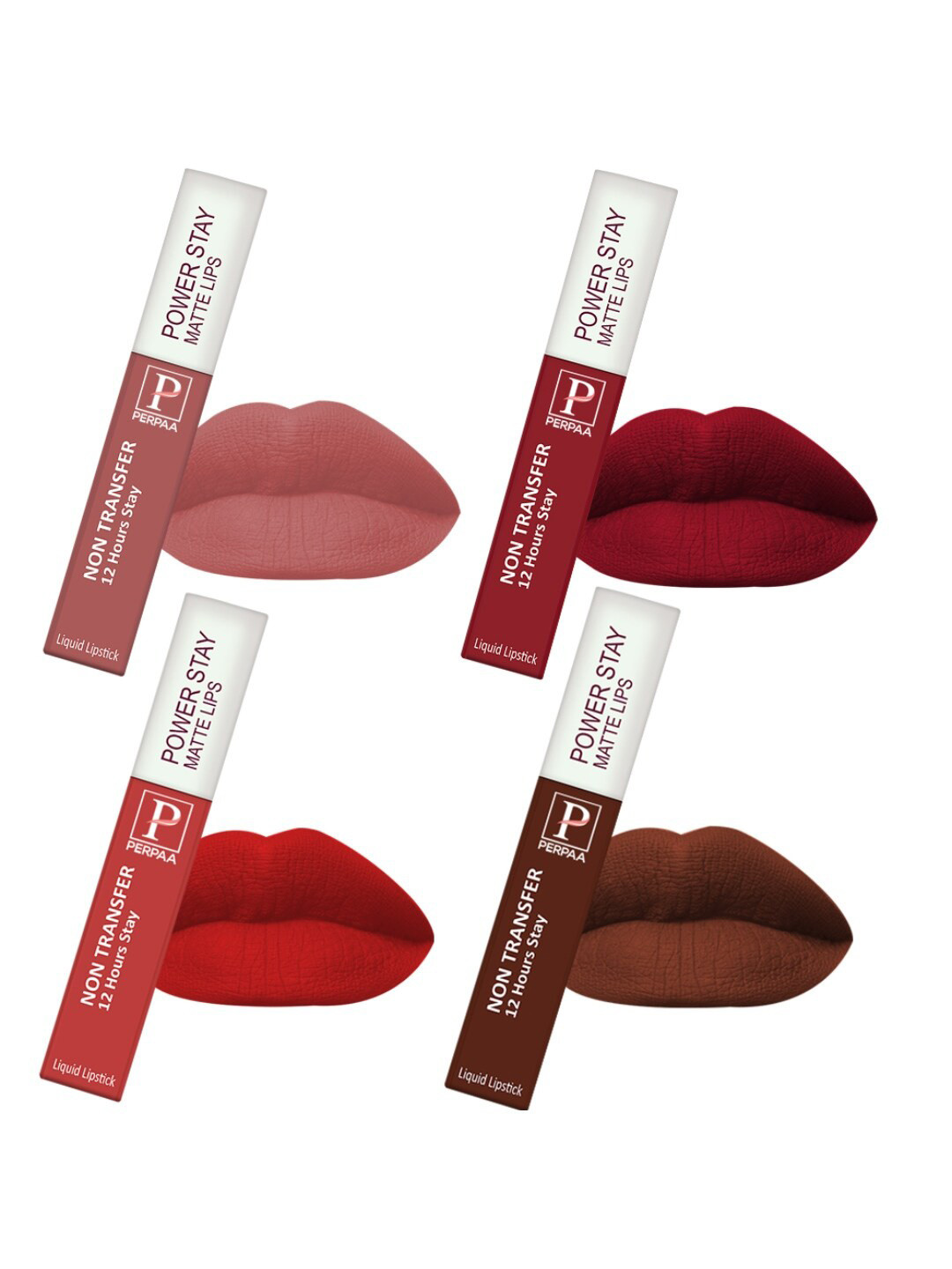 PERPAA Power Stay Set Of 4 Liquid Matte Lipstick -5ml Each - Nude-Apple Red-Red-Brown