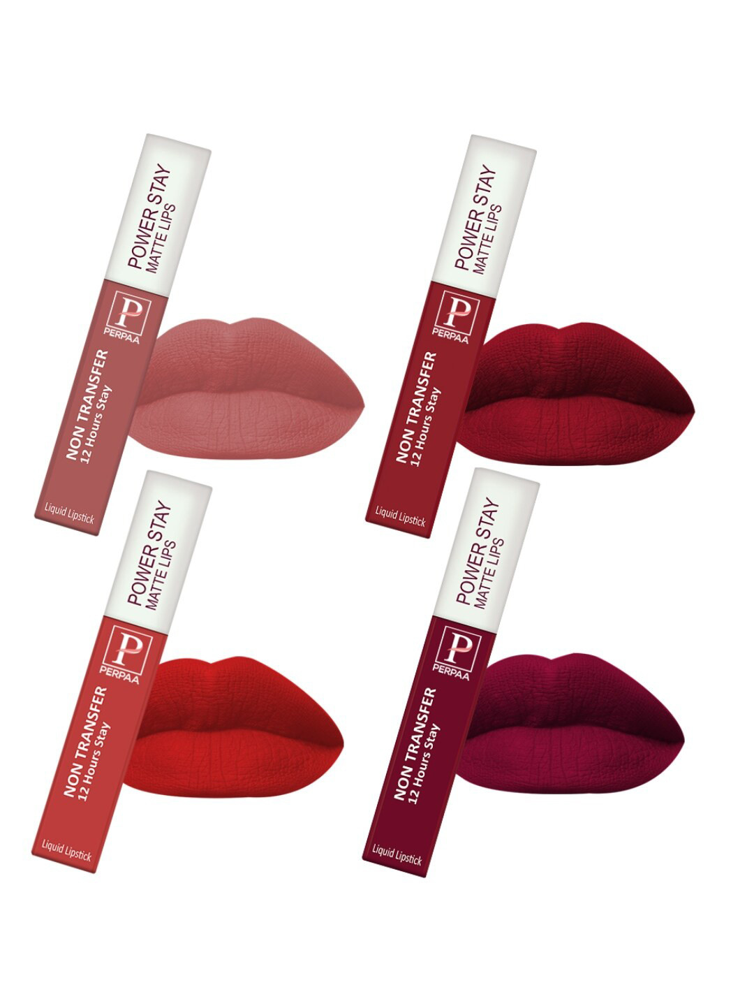 PERPAA Power Stay Set Of 4 Liquid Matte Lipstick - 5ml Each-Nude-Apple Red-Red-Cherry Red