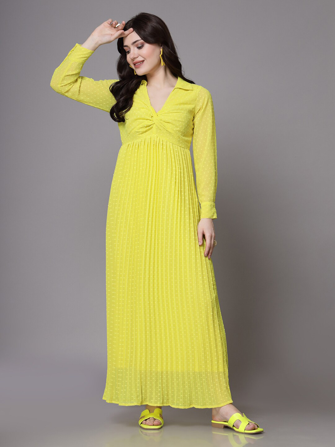 aayu Self Design Shirt Collar Long Sleeves Gathered Accordion Pleated Georgette Maxi Dress