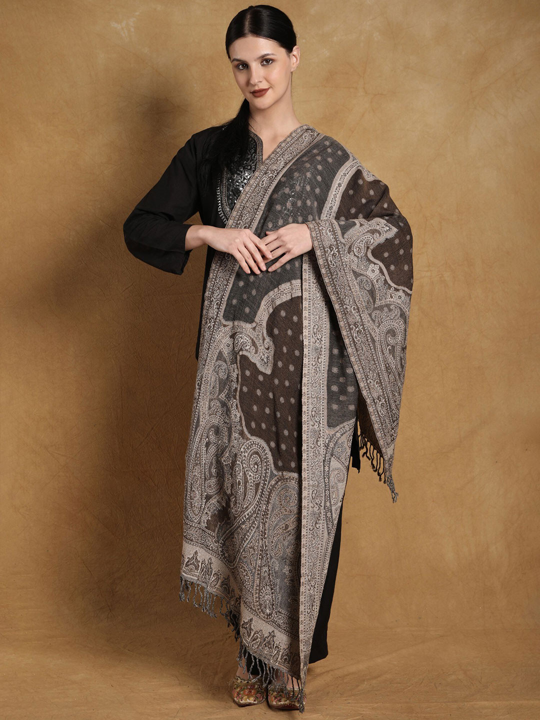 Exotic India Chocolate Chip Pure Wool Cutwork Jamawar Stole with Woven Paisleys and Bootis