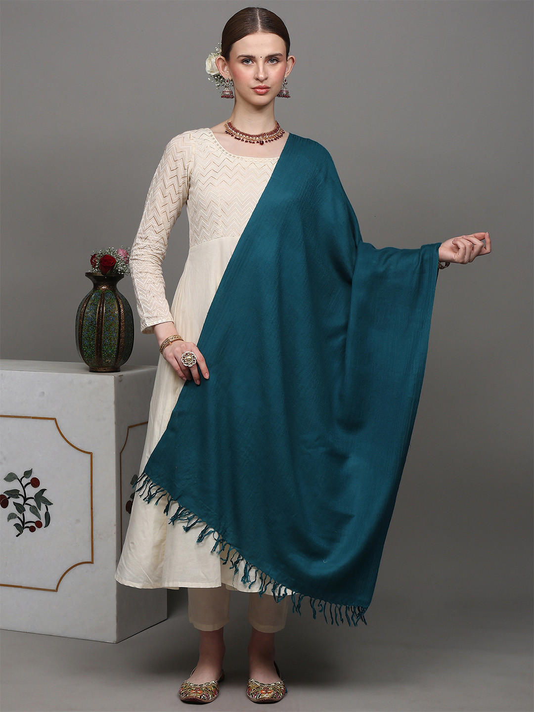 Exotic India Ocean Depths Pure Wool Plain Kashmiri Tusha Stole