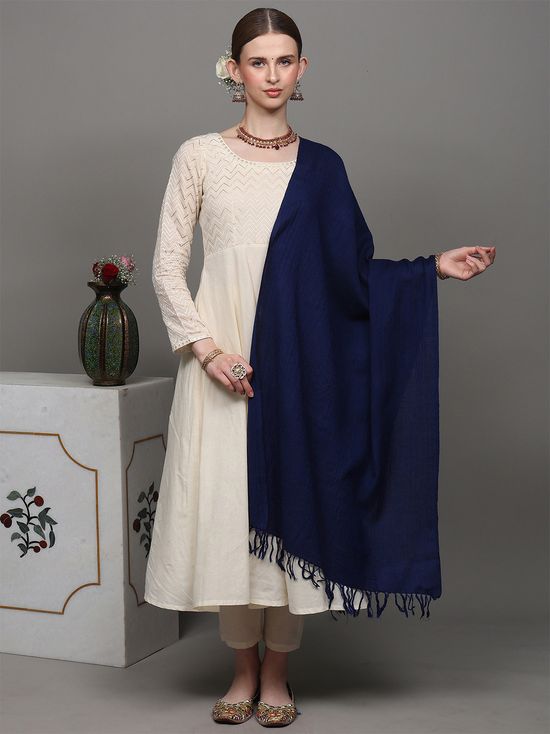 Exotic India Mazarine Blue Pure Wool Plain Kashmiri Tusha Stole