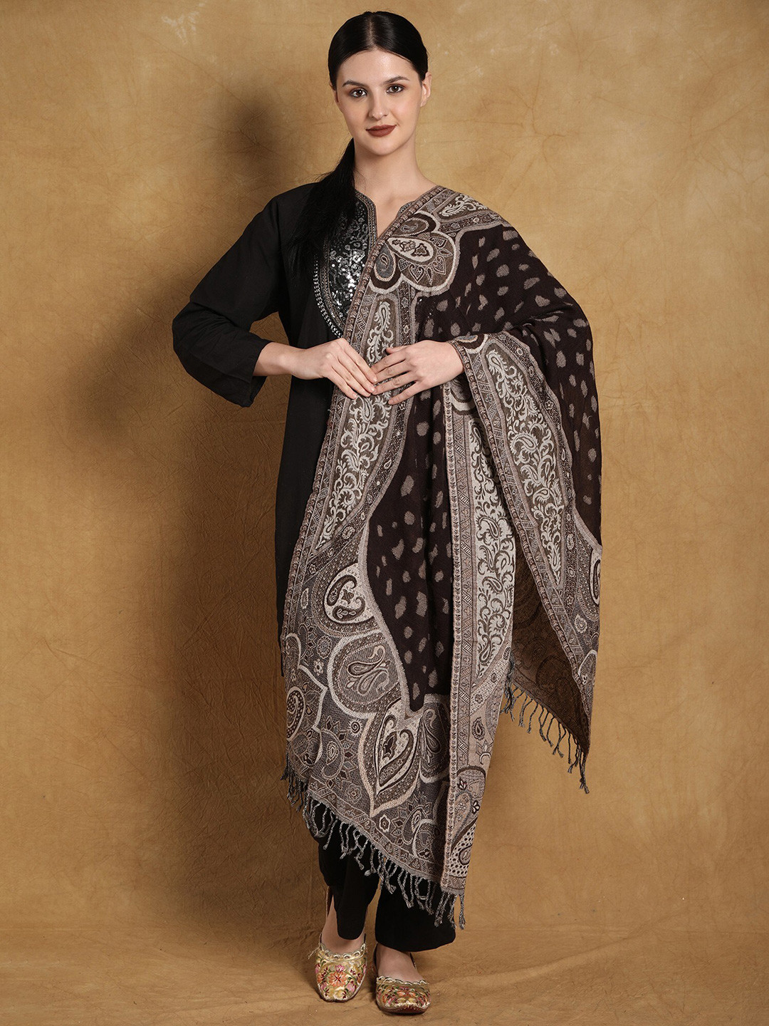 Exotic India Coffee Pure Wool Cutwork Jamawar Stole with Woven Paisleys and Bootis