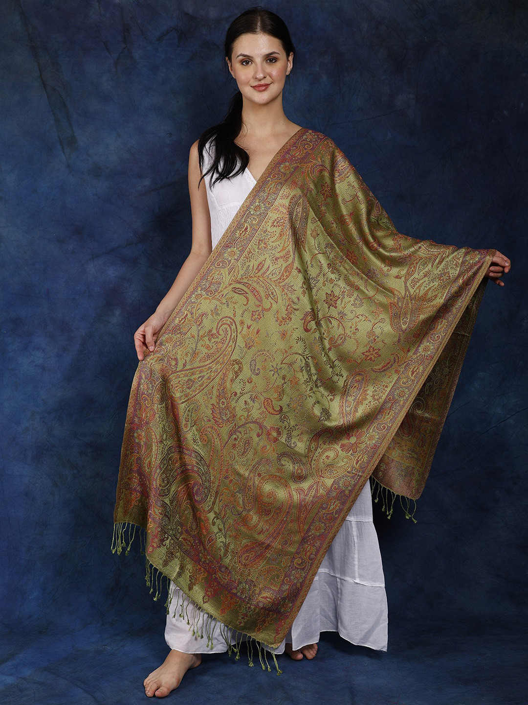 Exotic India Plum Paisleys-Flowers Woven Reversible Super Silk Jamawar Stole