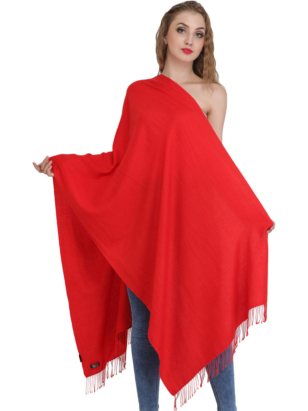Exotic India Tomato Red Plain Cashmere Silk Stole
