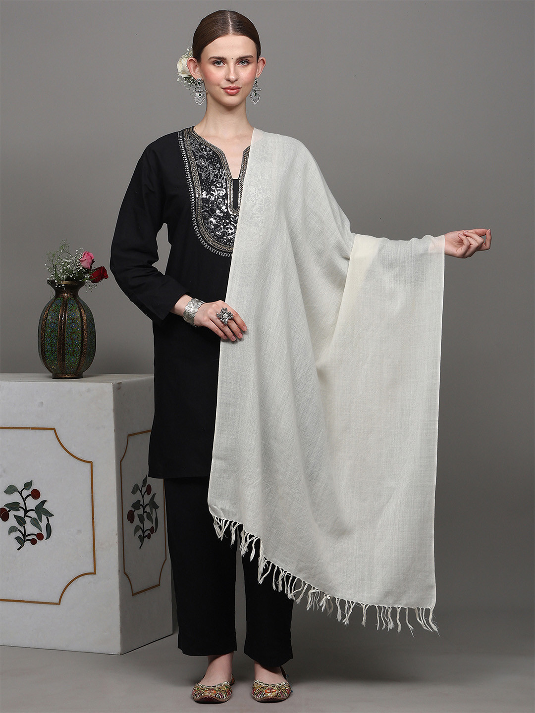 Exotic India Ivory Pure Wool Plain Kashmiri Tusha Stole