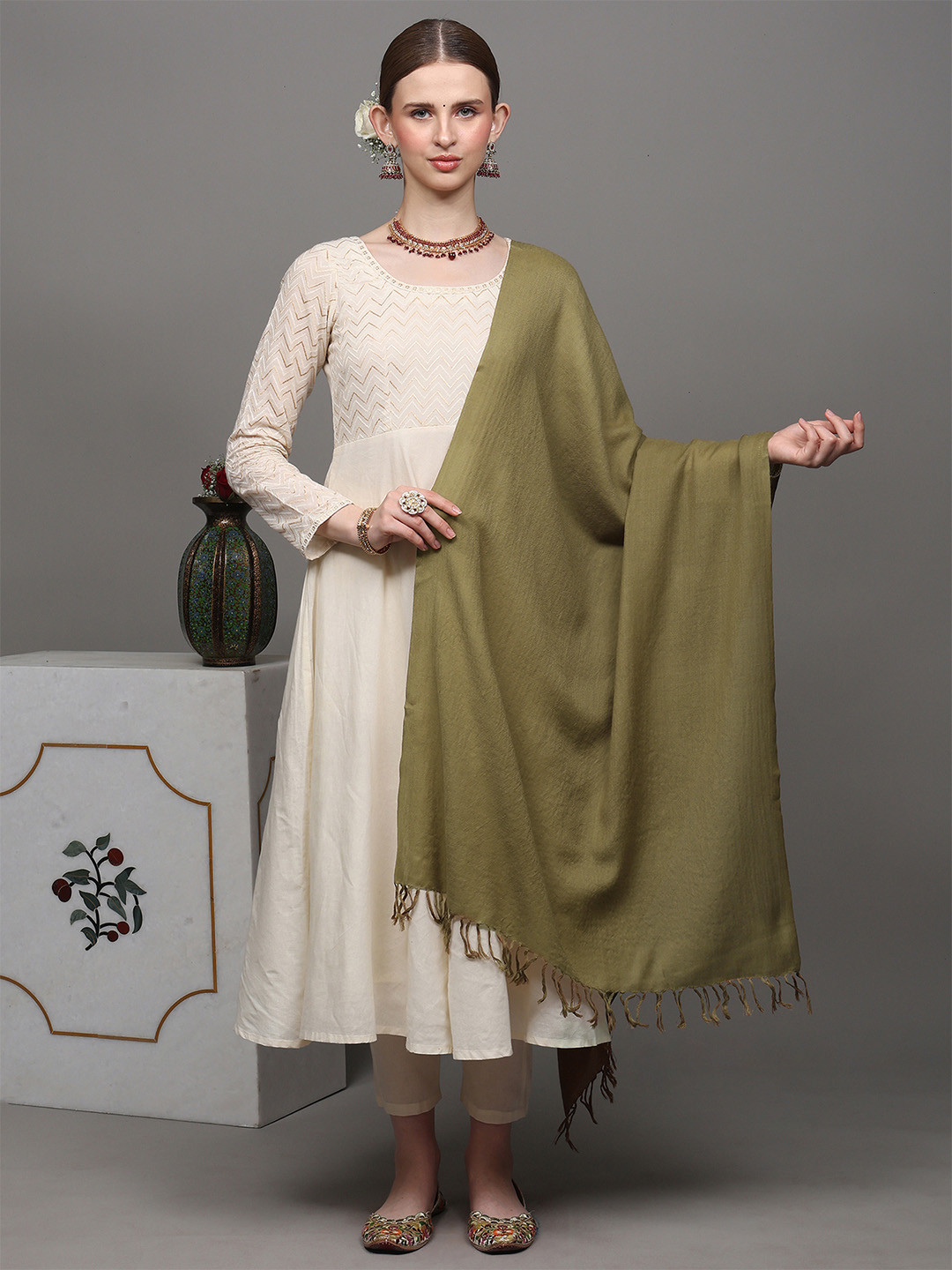 Exotic India Ecru Olive Pure Wool Plain Kashmiri Tusha Stole