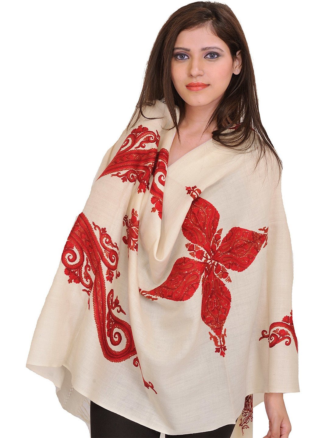 Exotic India Ivory And Red Aari Hand Embroidered Paisleys Pure Wool Kashmiri Stole