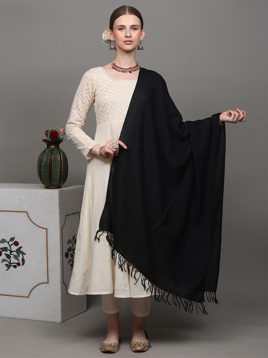 Exotic India Black Pure Wool Plain Kashmiri Tusha Stole