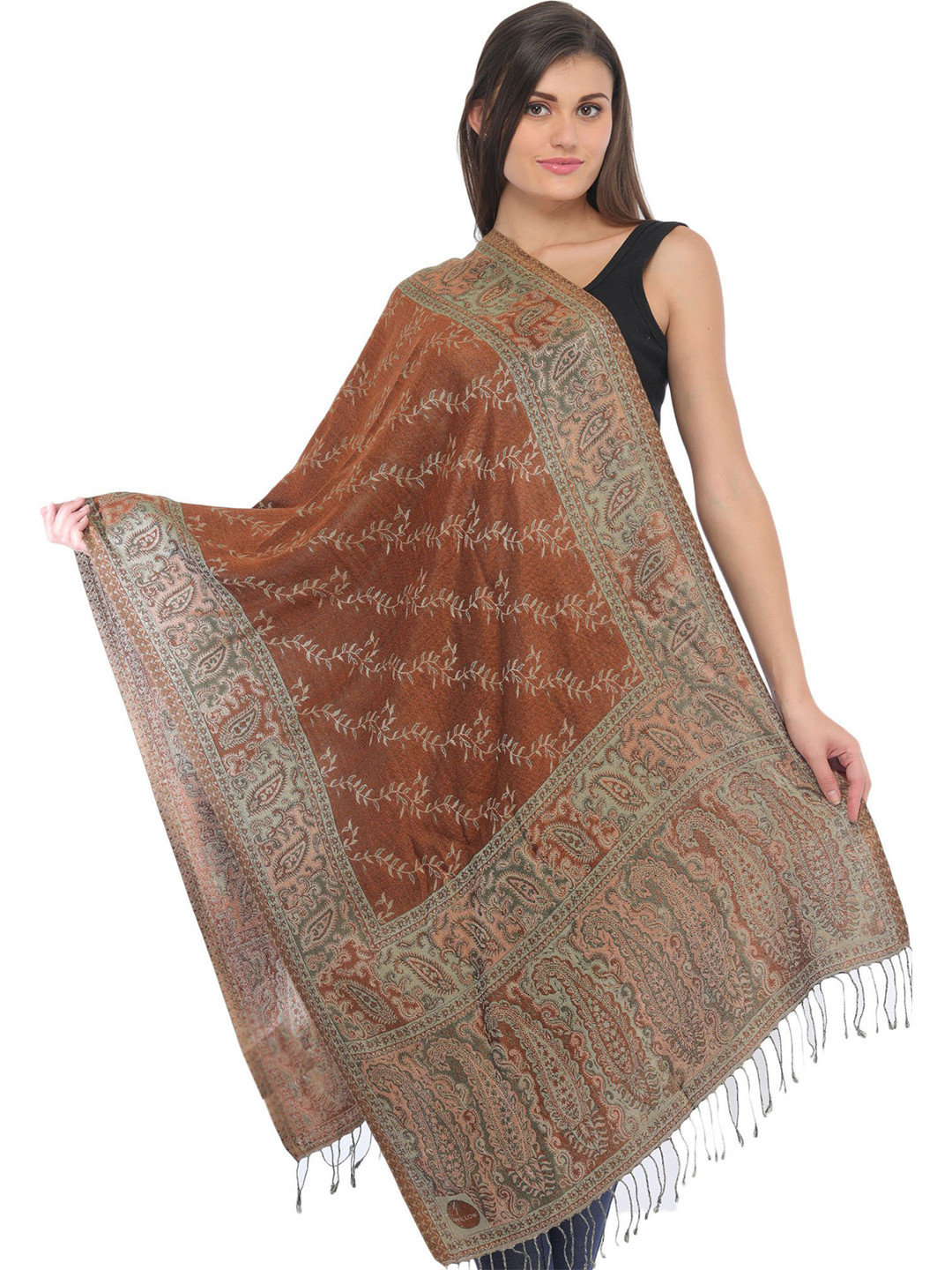 Exotic India Rawhide Brown Paisleys-Flowers Woven Reversible Super Silk Jamawar Stole