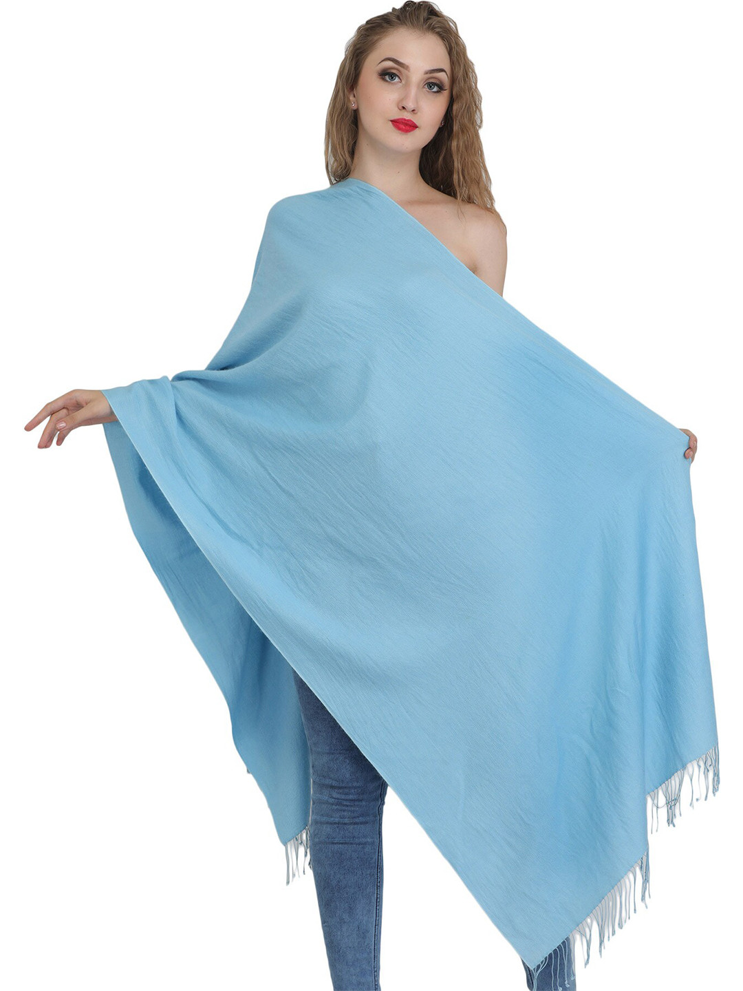 Exotic India Sky Blue Plain Cashmere Silk Stole