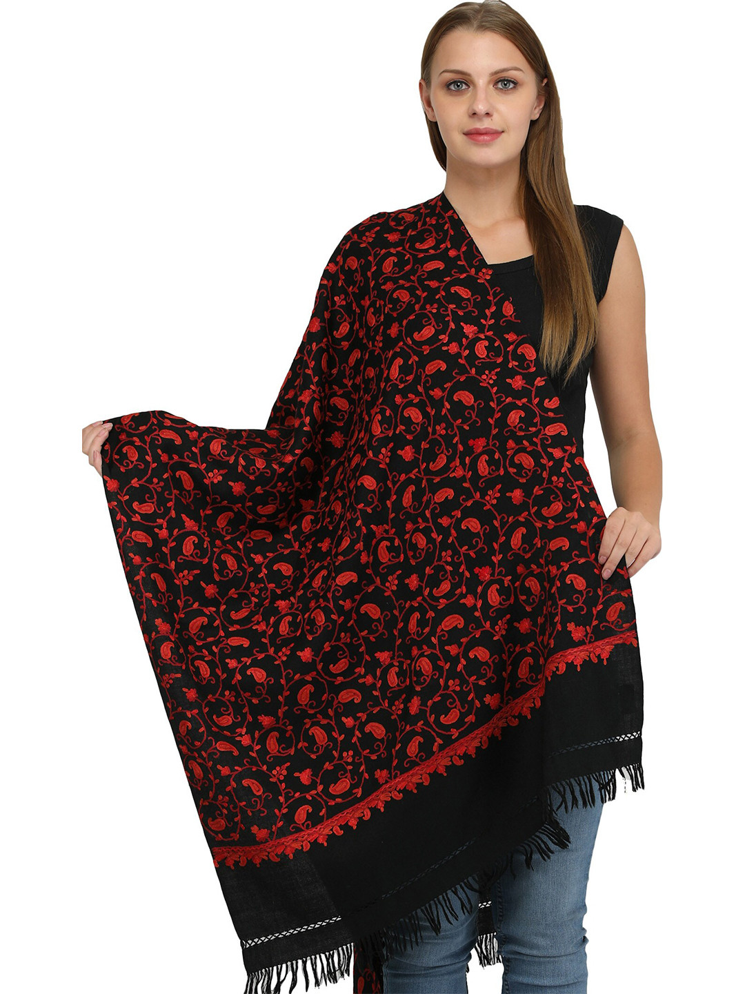 Exotic India Caviar Black Aari Embroidered Paisleys by Hand Pure Wool Kashmiri Stole