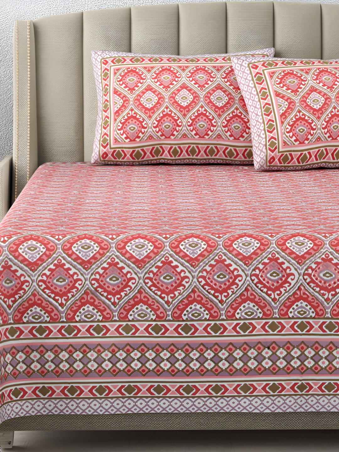 DE CAMA Red Ethnic Motifs Cotton 250 TC King Fine Bedsheet with 2 Pillow Covers-90 x 108 inches