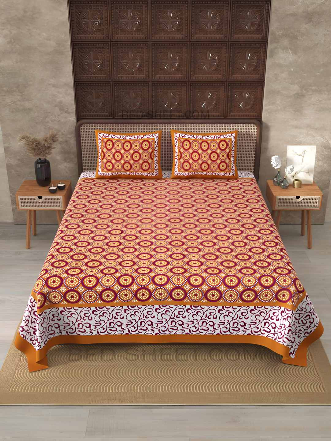 BED-SHEET.COM Brown Geometric Cotton 240 TC King Fine Bedsheet with 2 Pillow Covers-87 x 93 inches