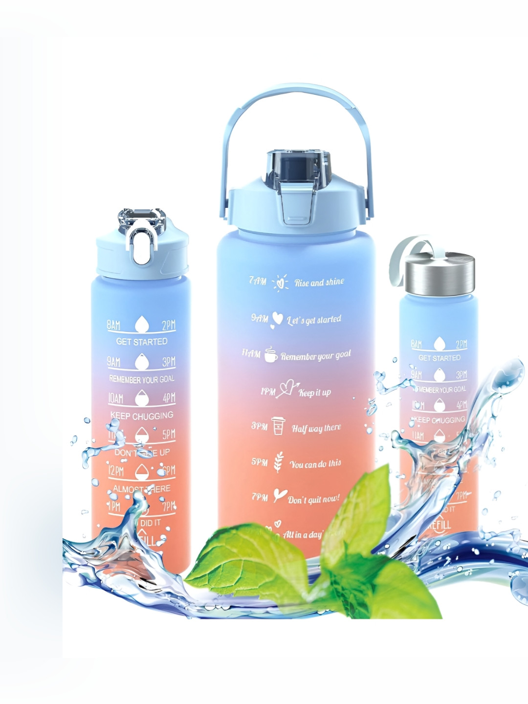 HOUSE OF QUIRK Blue & Orange 3 Pieces Printed Double Wall Vacuum Water Bottle with Straw