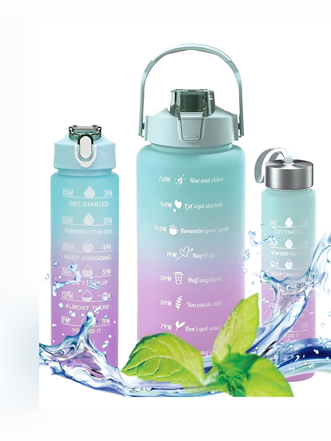 HOUSE OF QUIRK Blue & Purple 3 Pieces Printed Double Wall Vacuum Water Bottle with Straw