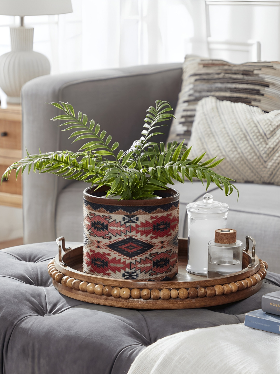 Mona B Jules Cream Colored & Pink Printed Small Planter