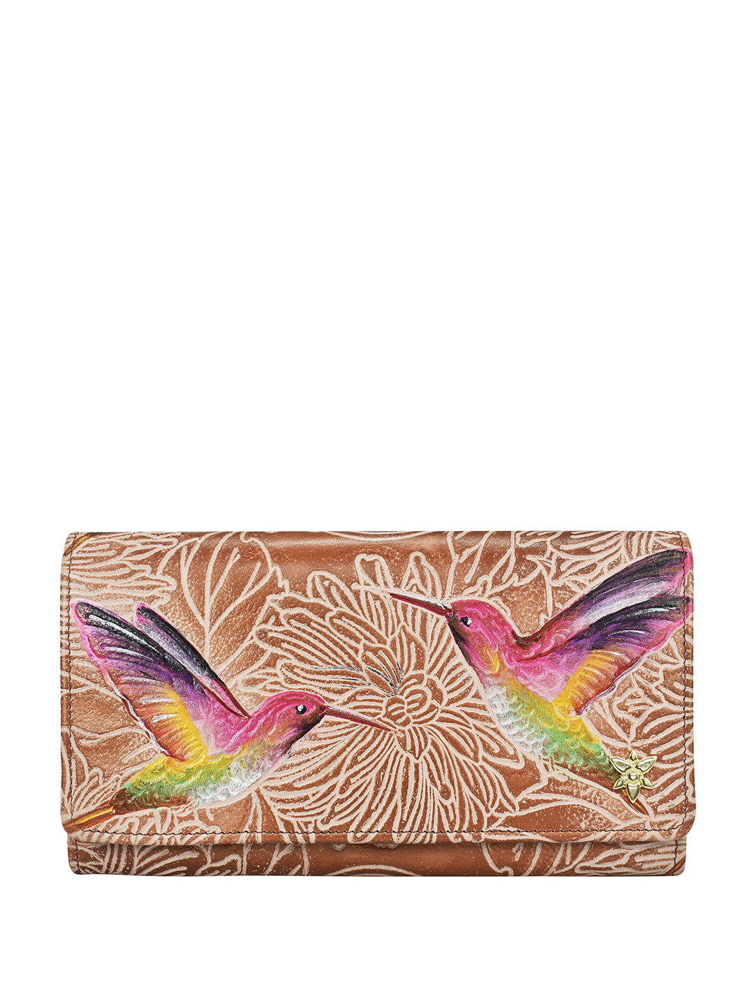 Anuschka Hand Painted Tooled Birds Tan Accordion Flap Wallet