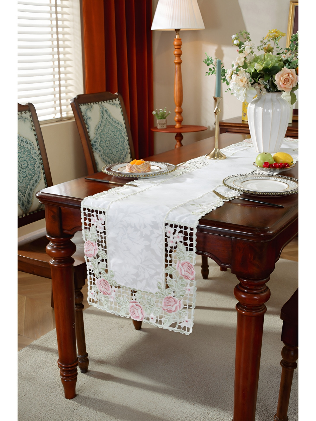 TANLOOMS White & Pink Embroidered Satin Table Runner