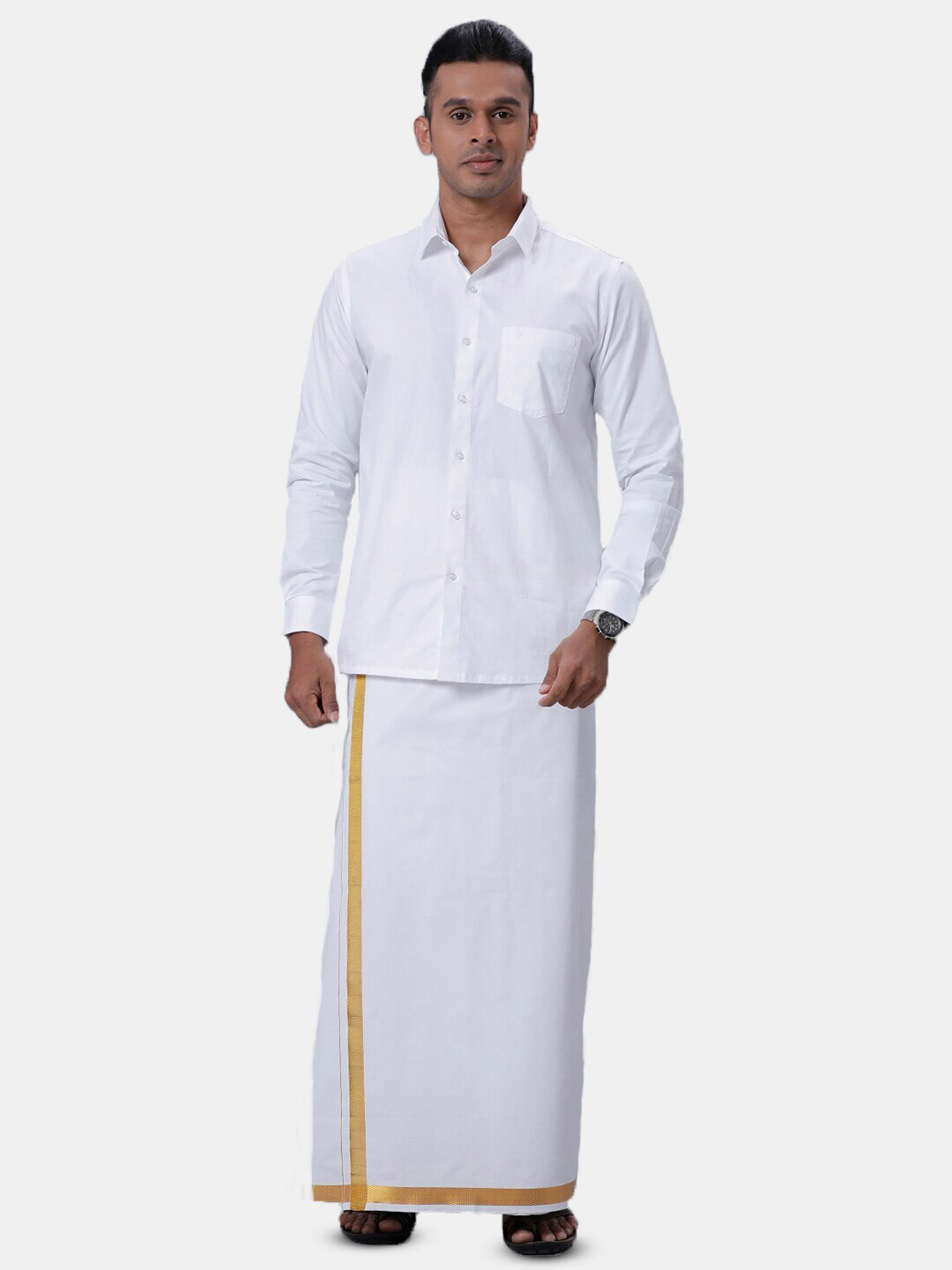 Ramraj Long Sleeves Shirt With Golden Zari Border Dhoti