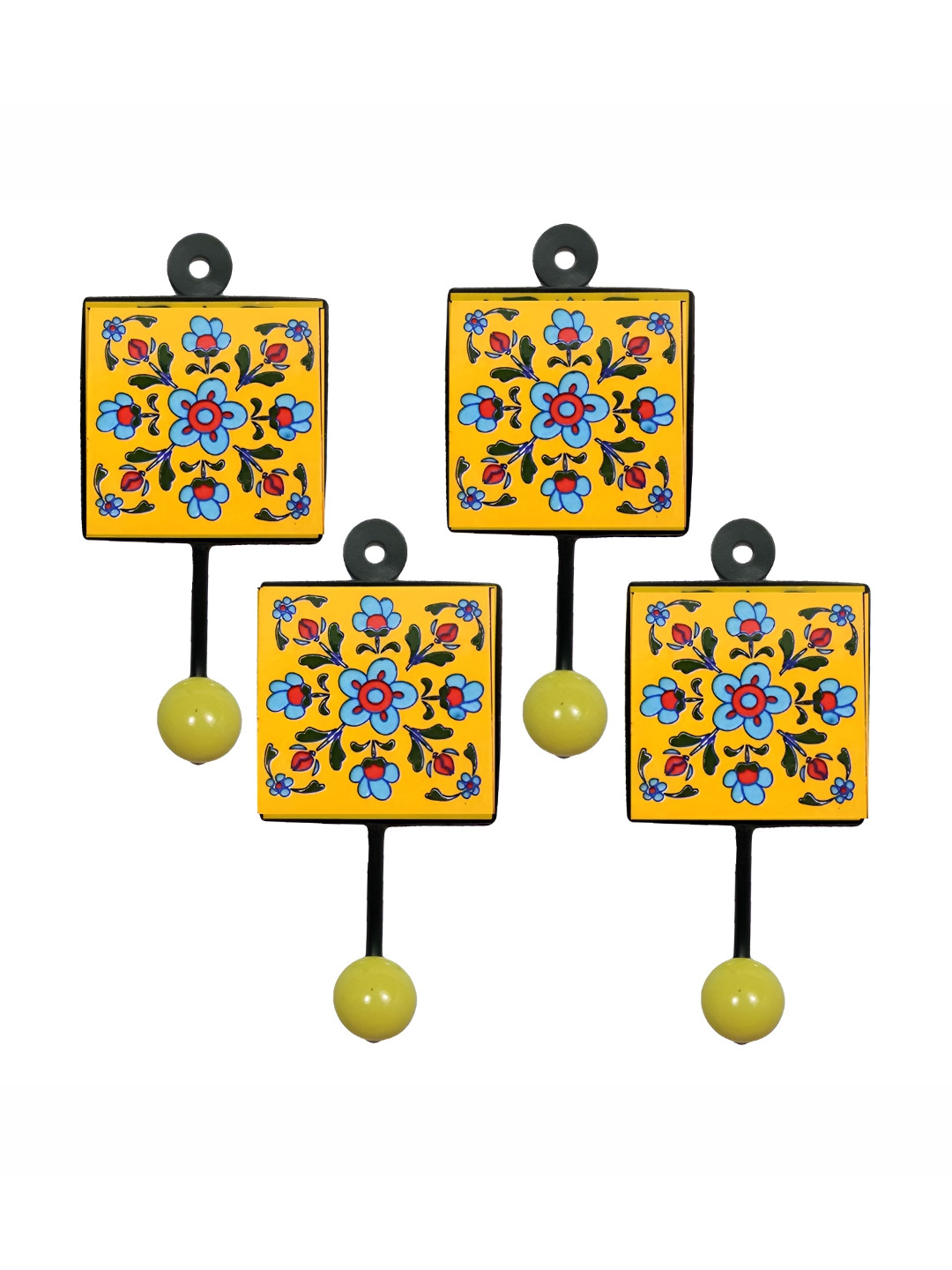 INDIA MEETS INDIA Yellow & Blue 4 Pieces Floral Printed Square Hooks