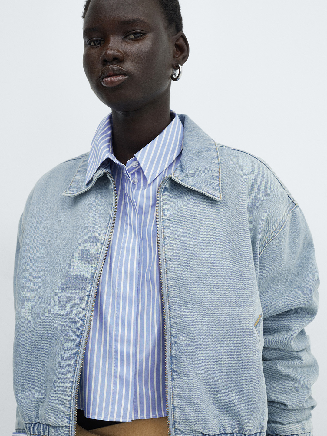 MANGO Striped Crop Shirt with Cuffed Sleeves