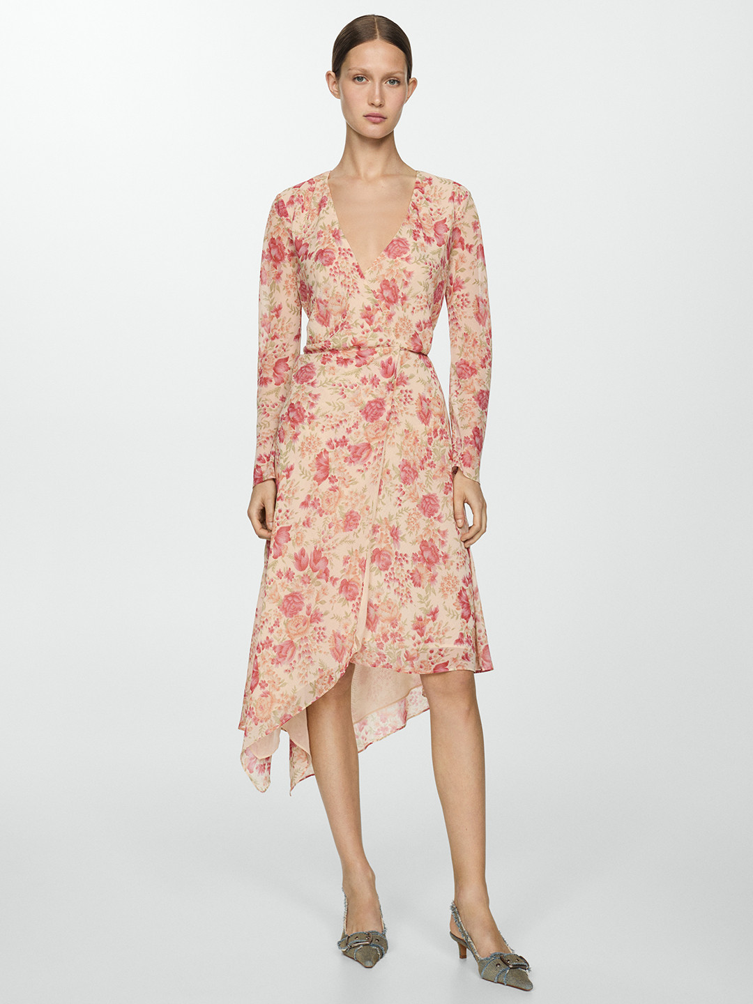 MANGO Floral Print Asymmetrical Hem Midi Dress