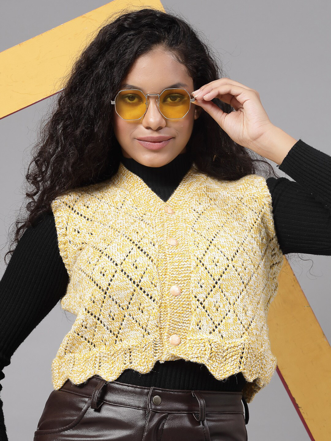 Velvery Self Design Acrylic V-Neck Crop Cardigan with Applique Detail Sweater