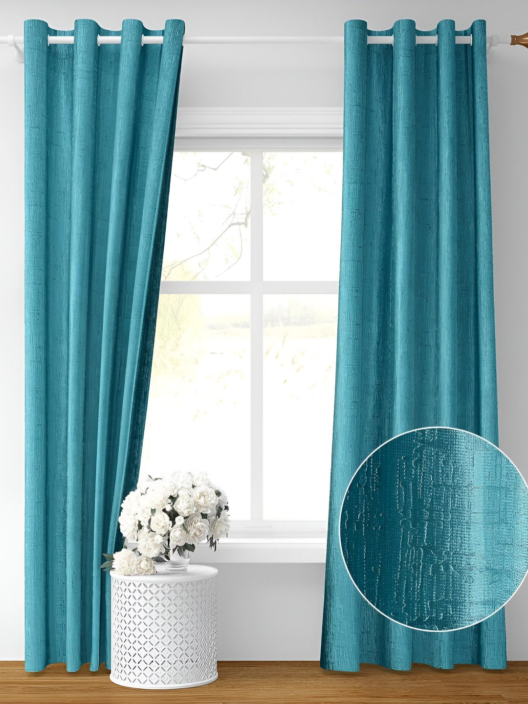 RIDHAAN Blue Room Textured Room Darkening Long Door Curtain