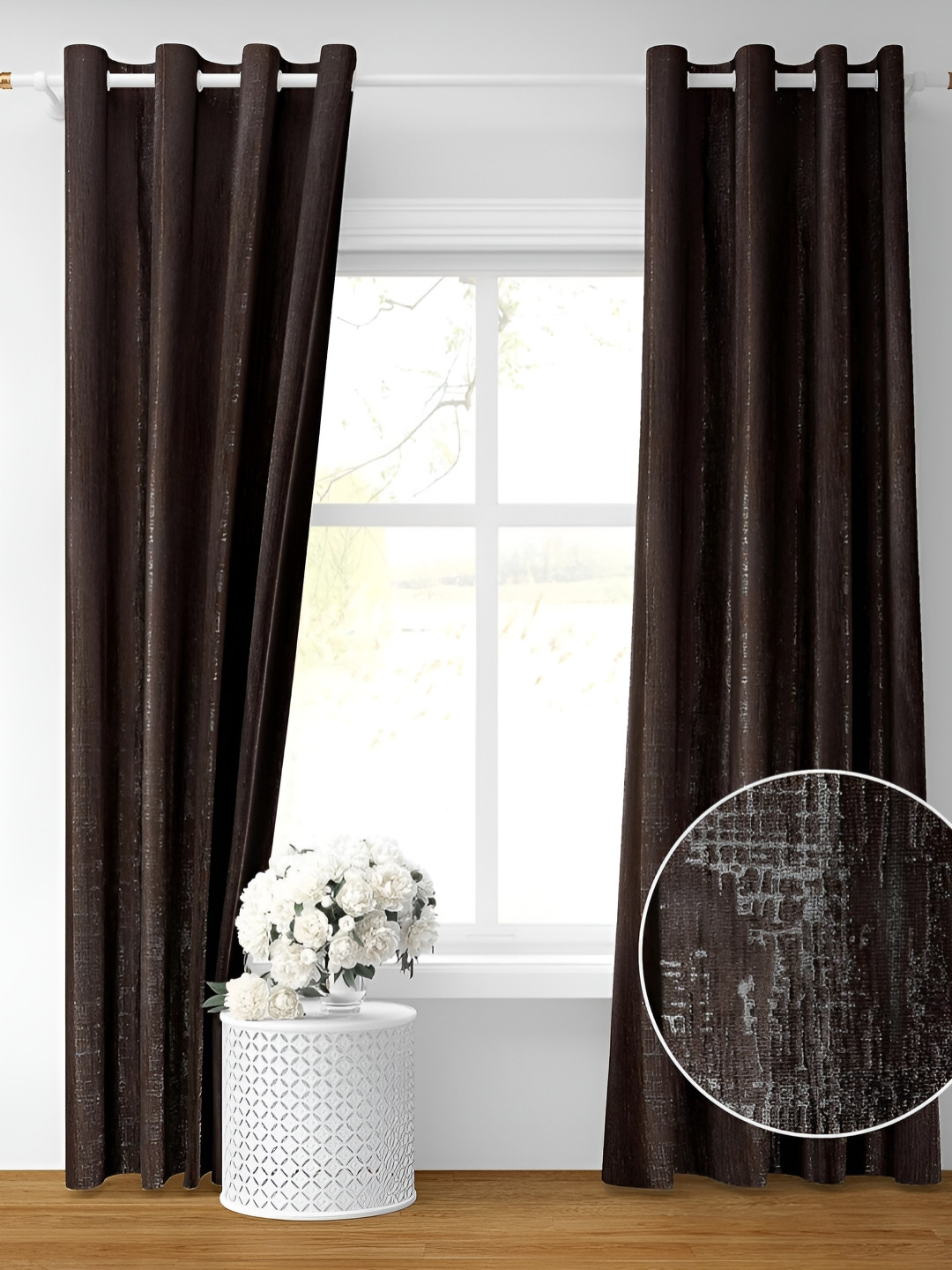 RIDHAAN Brown Textured Room Darkening Long Door Curtain