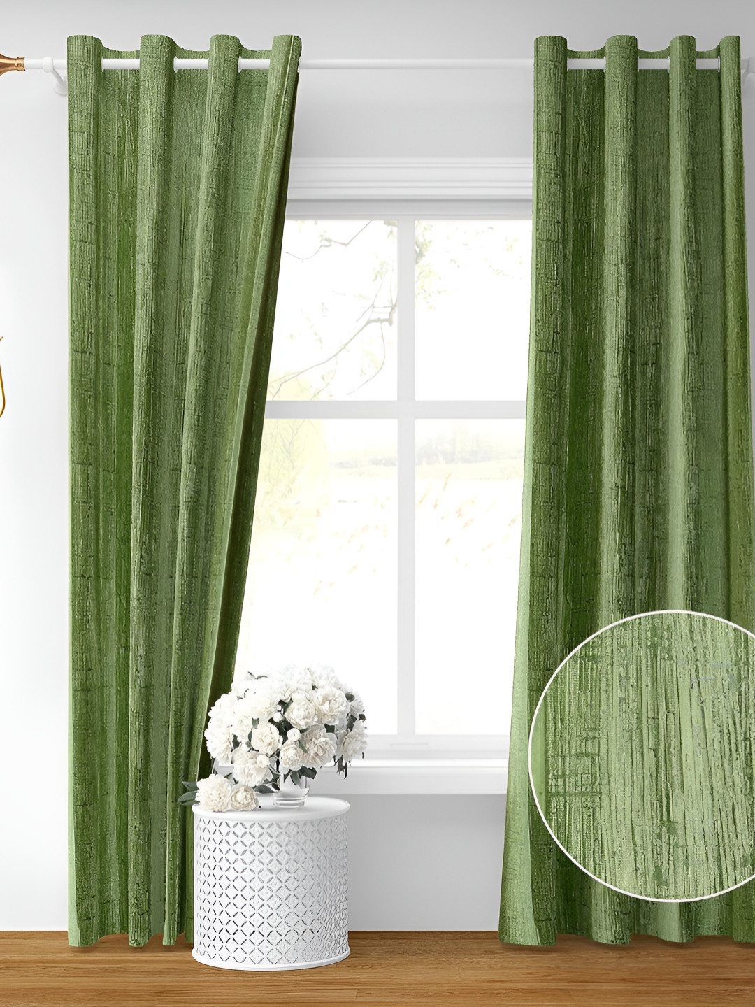 RIDHAAN Green Textured Room Darkening Window Curtain