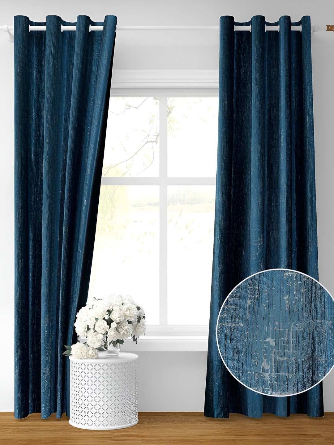 RIDHAAN Navy Blue Textured Room Darkening Long Door Curtain